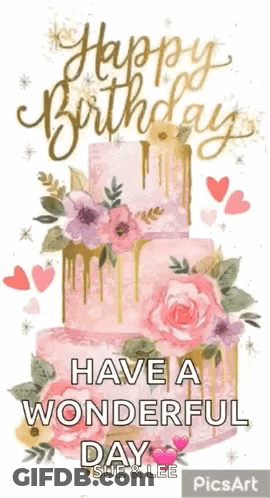 A Happy Birthday Card With A Pink And Gold Cake With Flowers On It . GIF
