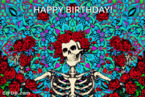 A Happy Birthday Card With A Skeleton And Roses On It GIF