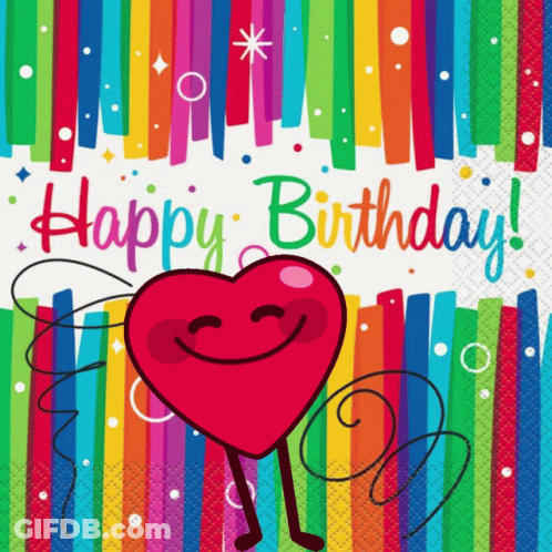 A Happy Birthday Card With A Smiling Heart And Rainbow Stripes GIF