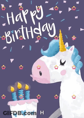A Happy Birthday Card With A Unicorn And A Cake With Candles GIF