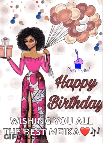 A Happy Birthday Card With A Woman Holding Balloons And A Gift GIF