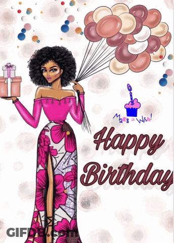 A Happy Birthday Card With A Woman Holding Balloons And A Gift GIF