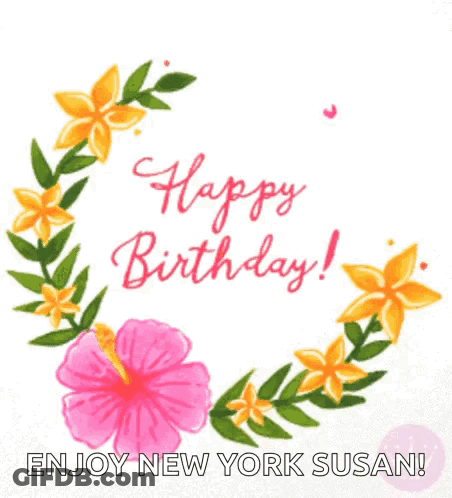 A Happy Birthday Card With A Wreath Of Pink And Yellow Flowers GIF