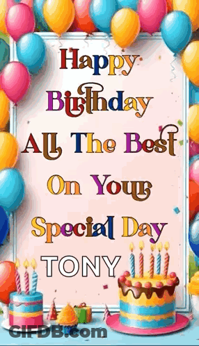 A Happy Birthday Card With Balloons And A Cake GIF