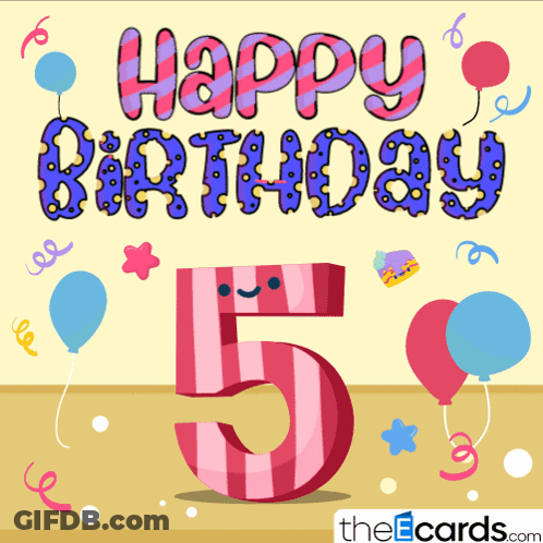 A Happy Birthday Card With Balloons And A Pink Number 5 GIF