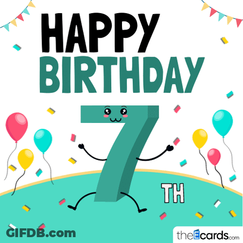A Happy Birthday Card With Balloons And Confetti And The Number Seven GIF