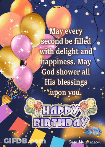 A Happy Birthday Card With Balloons And Confetti And The Words May Every Second Be Filled With Delight And Happiness GIF