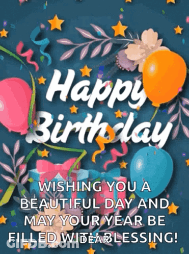 A Happy Birthday Card With Balloons And Confetti GIF