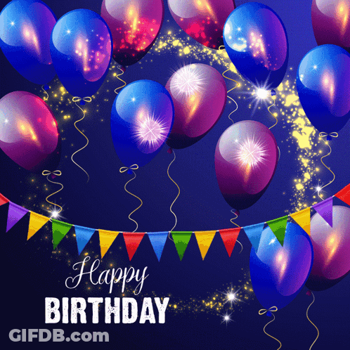 A Happy Birthday Card With Balloons And Flags On A Dark Blue Background GIF