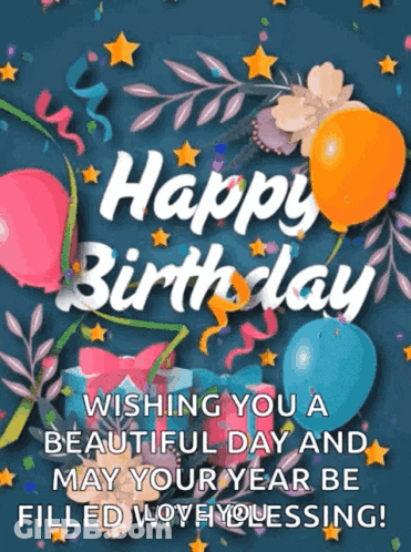 A Happy Birthday Card With Balloons And Flowers GIF