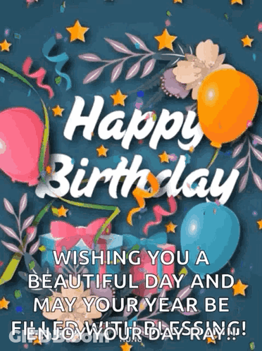 A Happy Birthday Card With Balloons And Flowers On A Blue Background GIF