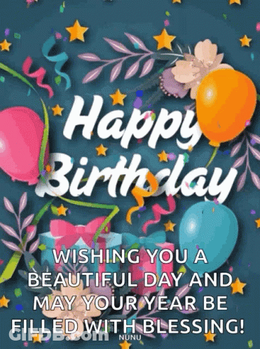 A Happy Birthday Card With Balloons And Flowers On It GIF