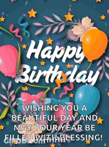 A Happy Birthday Card With Balloons And Flowers GIF