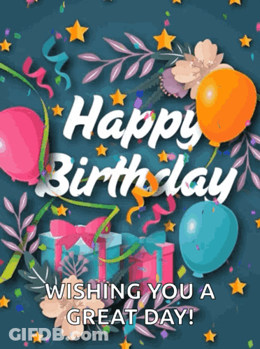 A Happy Birthday Card With Balloons And Gifts GIF