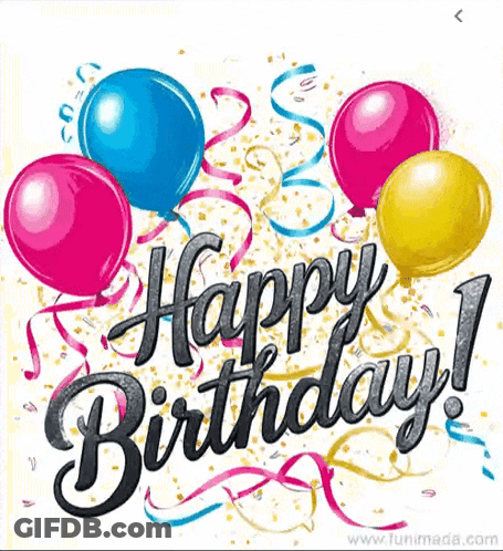 A Happy Birthday Card With Balloons And Streamers GIF
