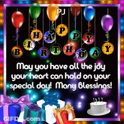 A Happy Birthday Card With Balloons , Gifts , And A Cake GIF