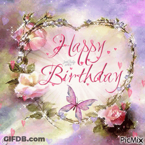 A Happy Birthday Card With Flowers And Butterflies On It GIF