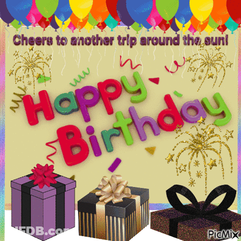 A Happy Birthday Card With Gifts And Balloons Says Cheers To Another Trip Around The Sun GIF
