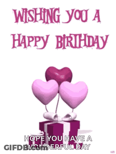 A Happy Birthday Card With Hearts And A Gift Box . GIF