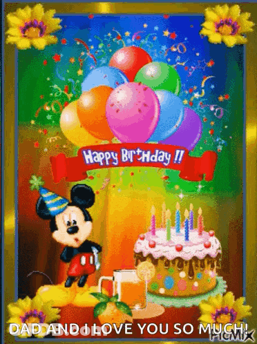 A Happy Birthday Card With Mickey Mouse , Balloons , A Cake , And A Beer . GIF