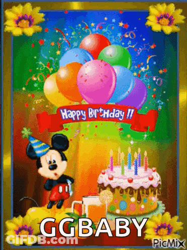 A Happy Birthday Card With Mickey Mouse , Balloons And A Cake . GIF