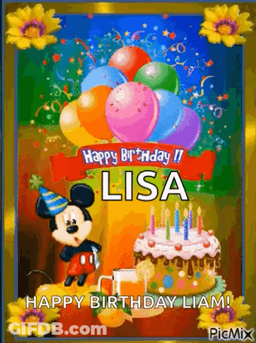 A Happy Birthday Card With Mickey Mouse , Balloons And A Cake . GIF