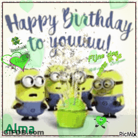 A Happy Birthday Card With Minions And The Name Alma On It GIF