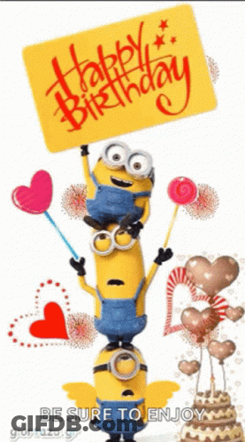 A Happy Birthday Card With Minions Holding Balloons And A Cake GIF