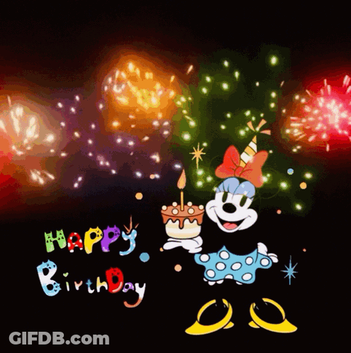 A Happy Birthday Card With Minnie Mouse Holding A Birthday Cake GIF