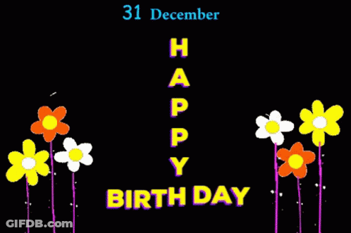 A Happy Birthday Card With Purple And White Flowers GIF