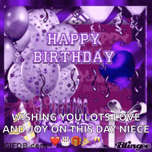 A Happy Birthday Card With Purple Balloons And A Cake With The Words Wishing You Lots Love And Joy On This Day Niece GIF