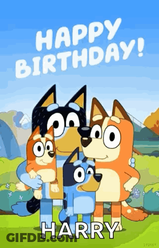A Happy Birthday Card With Three Cartoon Dogs And The Words `` Happy Birthday Harry '' On It . GIF