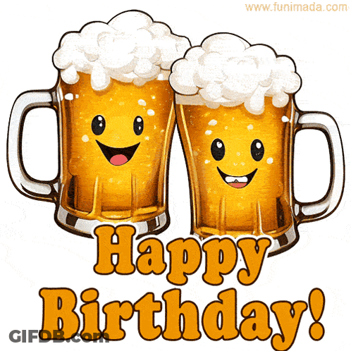 A Happy Birthday Card With Two Mugs Of Beer With Faces GIF
