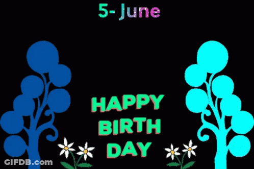 A Happy Birthday Card With Two Trees And Flowers On A Black Background GIF