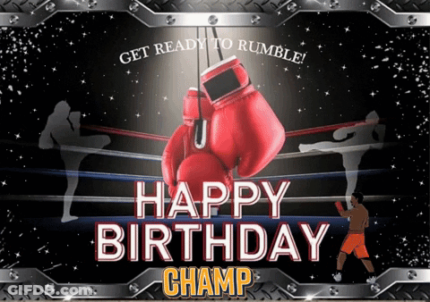 A Happy Birthday Champ Card With Boxing Gloves Hanging From The Ropes GIF