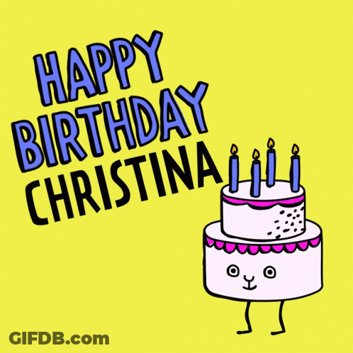 A Happy Birthday Christina Card With A Cartoon Cake GIF
