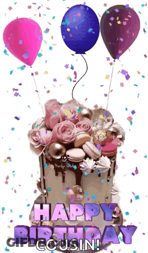 A Happy Birthday Cousin Greeting Card With A Cake And Balloons GIF