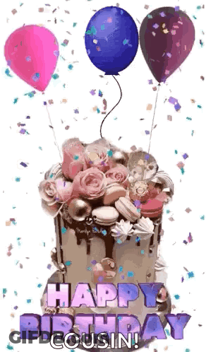 A Happy Birthday Cousin Greeting Card With A Cake And Balloons . GIF