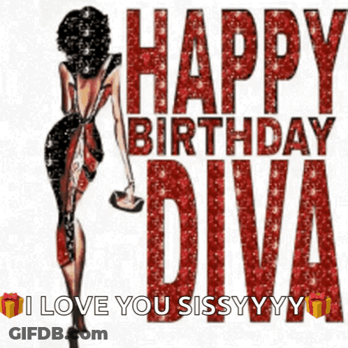 A Happy Birthday Diva Poster With A Woman In A Dress GIF