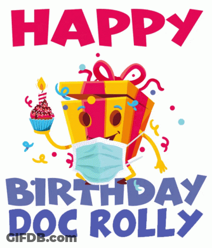 A Happy Birthday Doc Rolly Card With A Gift Box Wearing A Face Mask GIF