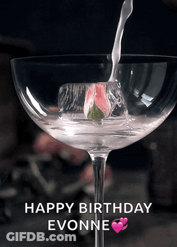 A Happy Birthday Evonne Card With A Martini Being Poured Into It GIF
