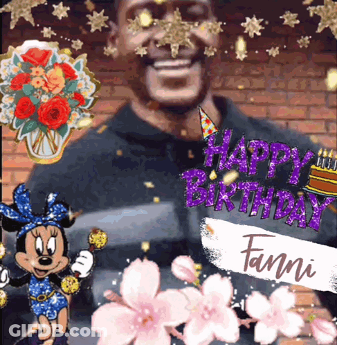 A Happy Birthday Fanni Card With A Man And Minnie Mouse On It GIF