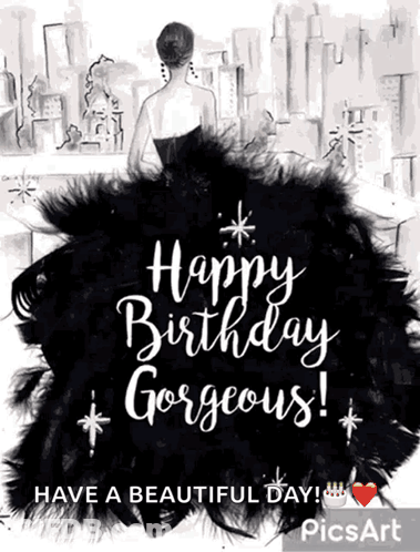 A Happy Birthday Gorgeous Card With A Woman In A Black Dress GIF