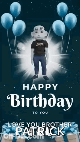 A Happy Birthday Greeting Card For Patrick With Balloons And Gifts GIF