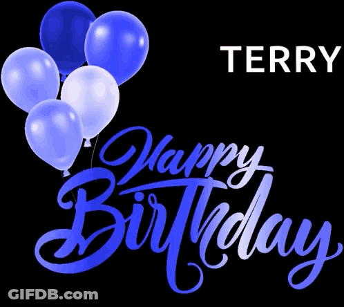 A Happy Birthday Greeting Card For Terry With Pink Balloons GIF