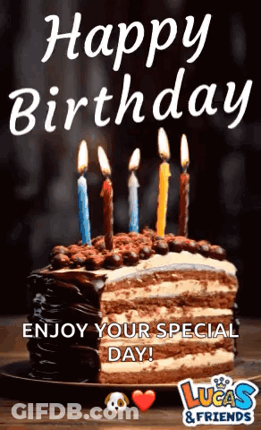 A Happy Birthday Greeting Card With A Birthday Cake And Candles . GIF