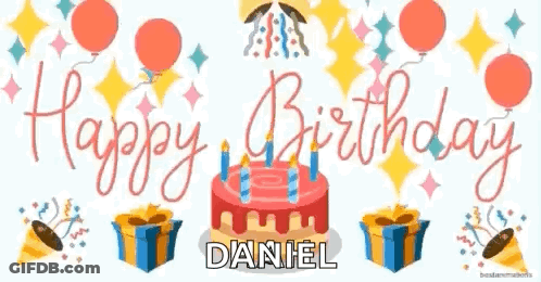 A Happy Birthday Greeting Card With A Birthday Cake , Balloons , Presents And Confetti . GIF