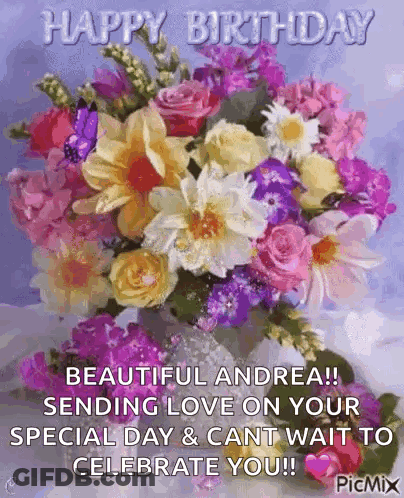 A Happy Birthday Greeting Card With A Bouquet Of Flowers GIF