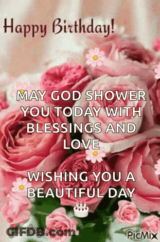 A Happy Birthday Greeting Card With A Bouquet Of Pink Roses GIF
