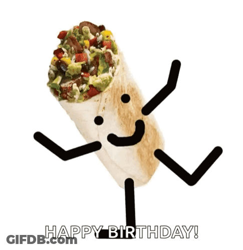 A Happy Birthday Greeting Card With A Burrito With Face And Arms GIF